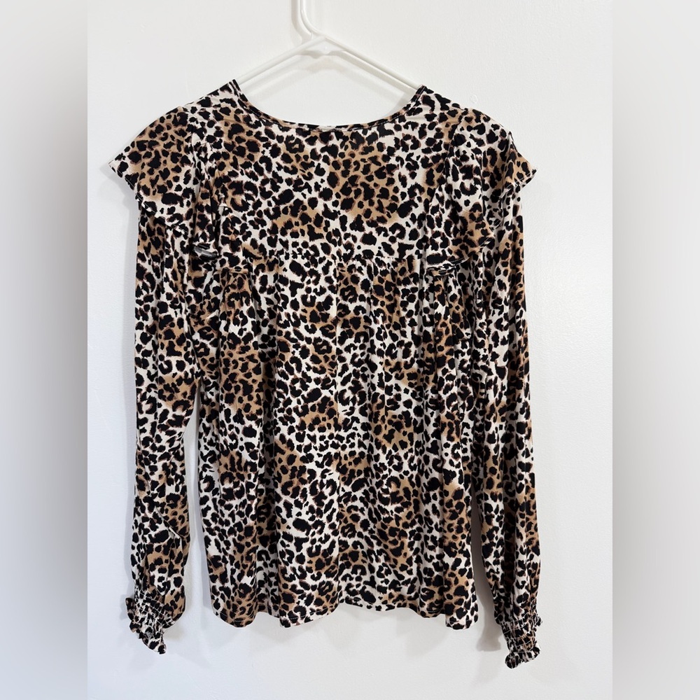 Emily Daniels Leopard Print V-Neck Ruffle Blouse - Brown/Black - Picture 3 of 10